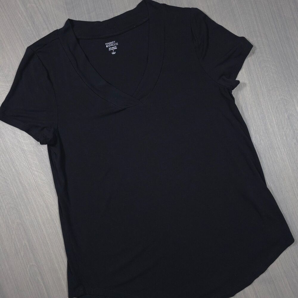 Market & Spruce Black V-Neck Short Sleeve Tee Medium